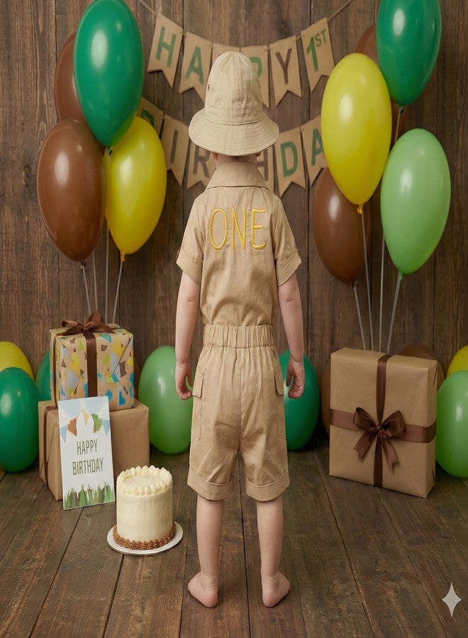 OBEEII Toddler Baby Boys Safari Outfit Infant Explorer Wild 1st Birthday Short Sleeve T-shirt Top Shorts Set Giraffe Zoo Keeper Jungle Cake Smash Photoshoot Outfits + Hat + Belt Khaki 12-18 Months - Image 5